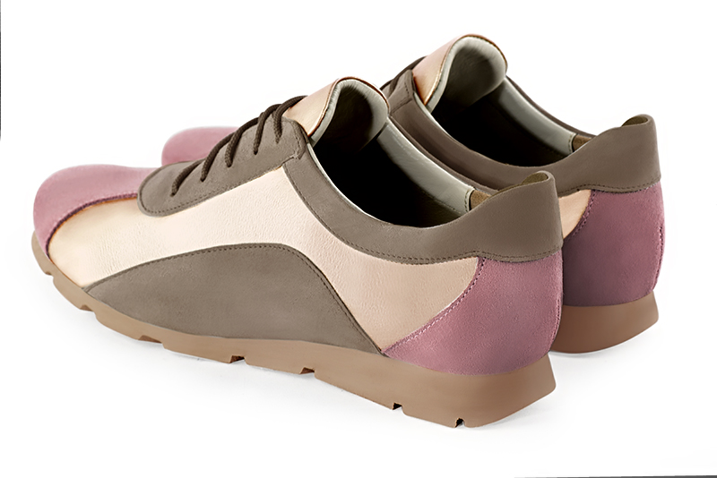 Dusty rose pink, gold and taupe brown women's three-tone elegant sneakers. Round toe. Flat rubber soles. Rear view - Florence KOOIJMAN
